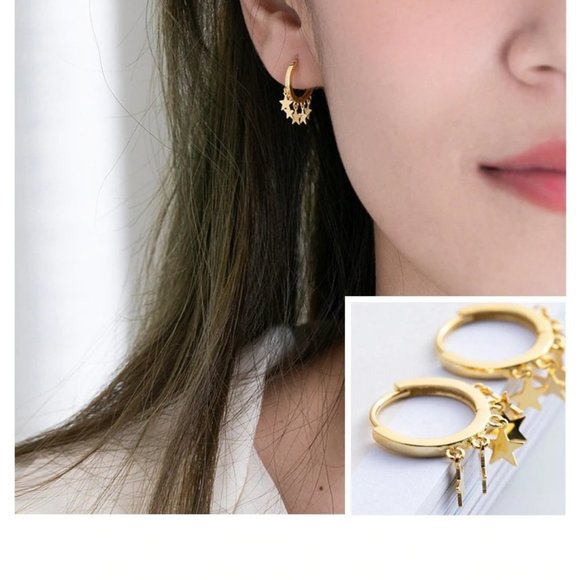 NEW 925 Sterling Silver Star Hoop Earrings - Picture 5 of 8